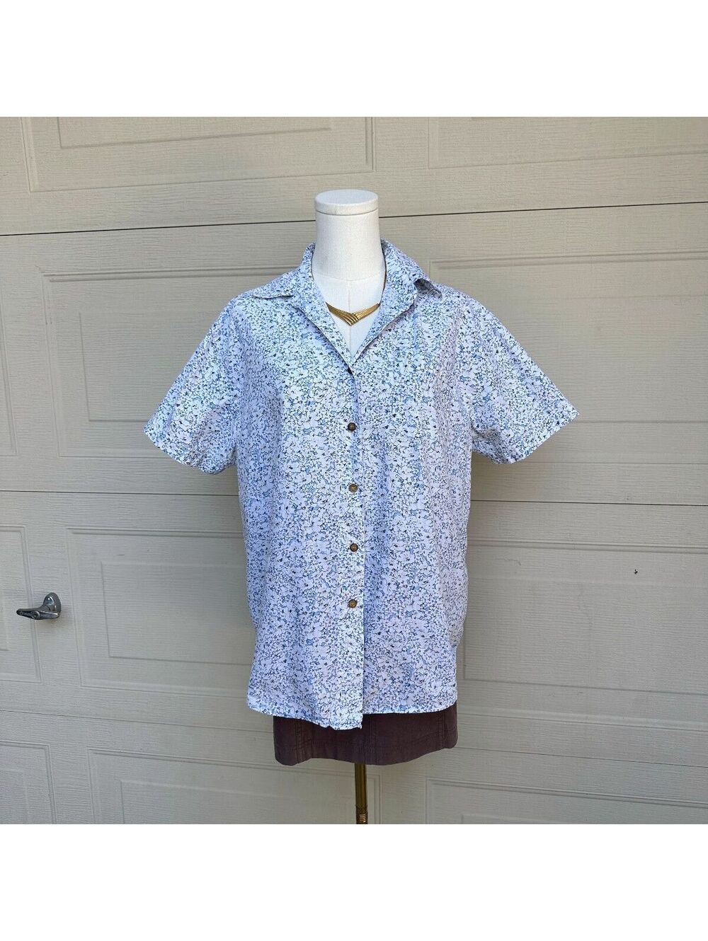 Vintage 90s Cherokee Womens M Blue Floral Cotton Button Up Shirt Cottagecore